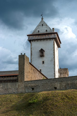 Fototapeta na wymiar The Narva Castle Herman -est. Hermanni linnus- is a medieval castle in the Estonian city of Narva on the banks of the Narva River. The city of Narva is on the border of Estonia and Russia. Estonia