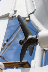 The propeller of the sea fishing boat. Sea boats on the port wharf.