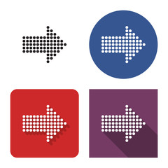 Dotted icon of right direction arrow in four variants. With short and long shadow