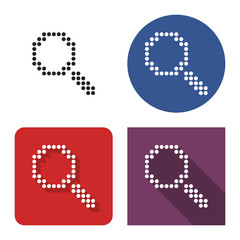 Dotted icon of magnifying glass in four variants. With short and long shadow
