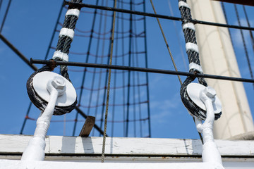 Wanta of a large sailing ship. Large sailboat moored in the European port.