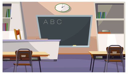 Alphabet letters on blackboard in classroom vector illustration. Modern school room with teachers table and desks. Interior illustration