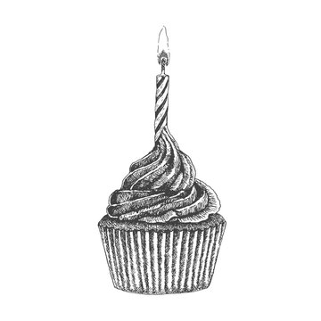 Hand drawn cupcakes with candle. Birthday cupcake.