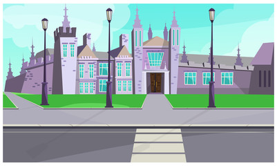 Gothic mansion on city street vector illustration. Old gray stone building with tall towers near road. Castle illustration