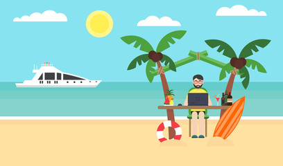 Obraz premium Businessman working at a computer on the beach. System administrator is on vacation.