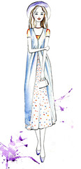 Watercolor fashion girl staying in a hat and long clothers on a white background