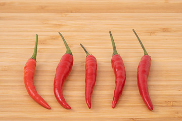 Close up red hot chilli pepper on wood chopping board.