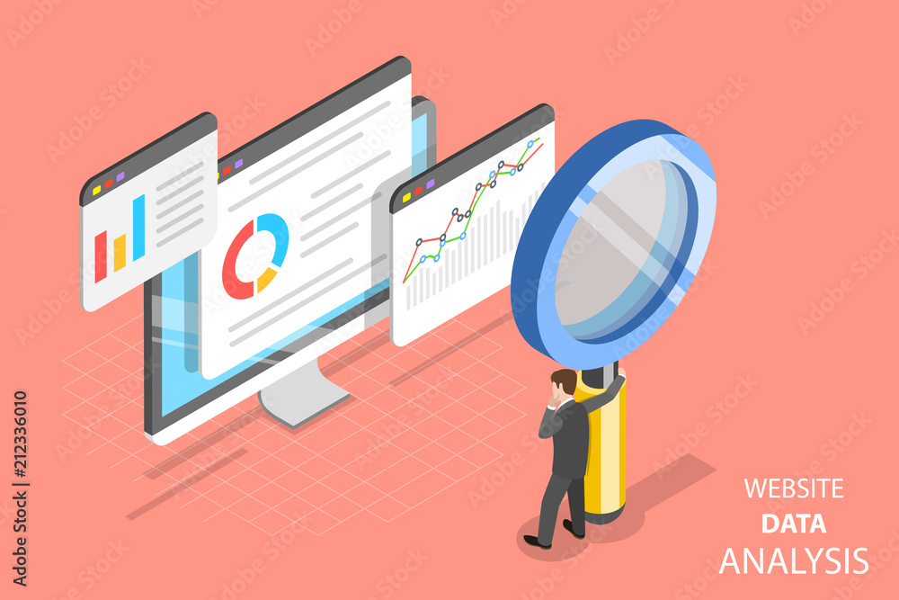 Poster flat isometric vector concept of website data analysis, web analytics, seo audit report, marketing s