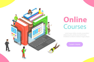 Flat isometric vector concept of online courses, education, e-learning, webinar, training