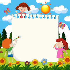 Obraz na płótnie Canvas Paper Note with Children in Garden
