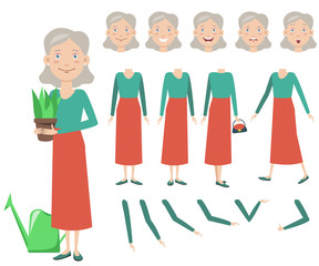 Pretty grandmother with potted plant character set with different poses, emotions, gestures. Parts of body, watering can, bag. Can be used for topics like gardening, house planting, senior lady