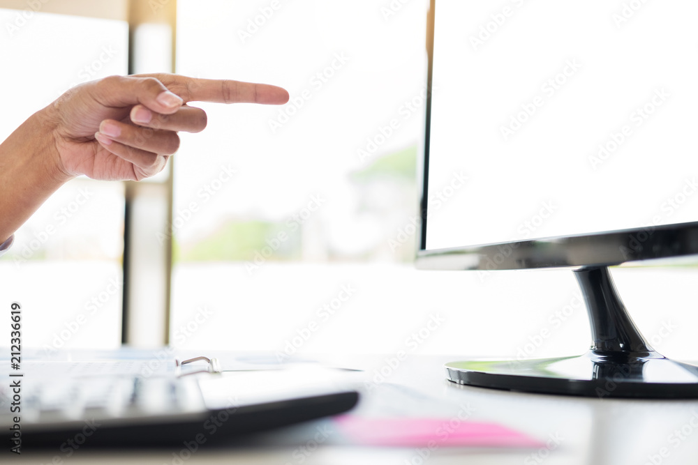 Poster businessman working together pointing screen while discussing explaining a business analysis display