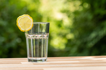 Wasserglas mit Zitronenscheibe im Garten