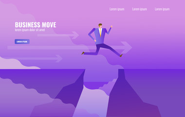 Businessman jumping over cliffs. Leadership and business risk concept. vector illustration