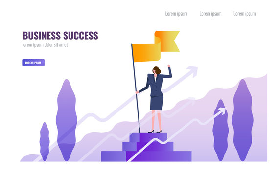 Business woman standing and holding flag on the podium. Business Successful and  Leadership  concept. vector illustration