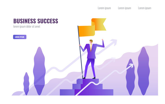 Businessman standing and holding flag on the podium. Business Successful and  Leadership  concept. vector illustration