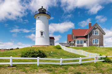 Fototapeta na wymiar Nobska Point Light Lighthouse at sunny day, Woods Hole, Falmouth, Cape Cod Massachusetts, USA
