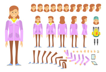 Student girl character creative set with different poses, gestures, emotions. Animation constructor, changeable parts, front, back and side view. Can be used for topics like tourism, school, college