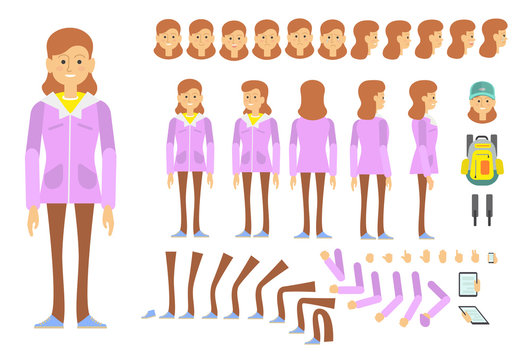 Student girl character creative set with different poses, gestures, emotions. Animation constructor, changeable parts, front, back and side view. Can be used for topics like tourism, school, college