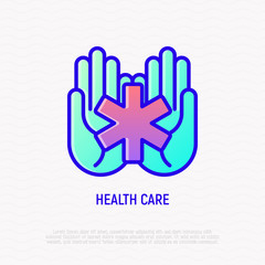 Star of life symbol in hands, medical help thin line icon. Modern vector illustration.