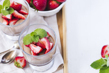 Chocolate Panna Cotta with strawberries