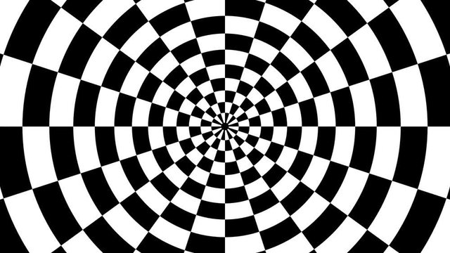 Optical illusion black and white checker wormhole tunnel spiral rotating, 4K UHD