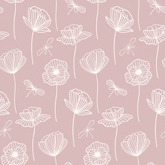 Floral vector seamless pattern with Poppy flowers. White flowers shape on pastel pink background. Vector wallpaper. Good for fabric, textile, wrapping paper, packaging design.