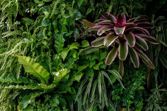 Vertical garden nature backdrop, living green wall of devil's ivy, sword fern, bird's nest fern, colorful leaves bromeliad and different varieties tropical foliage plants on dark background.