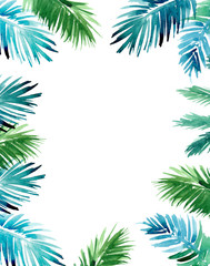 Naklejka na ściany i meble Tropical background with exotic leaves. Watercolor illustration