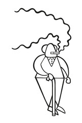 Vector cartoon old man standing with wooden walking stick and smoking cigarette