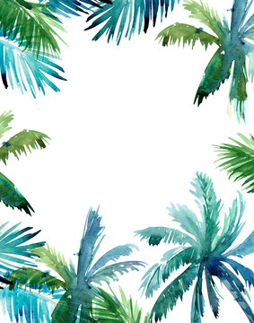 Tropical background with exotic leaves. Watercolor illustration