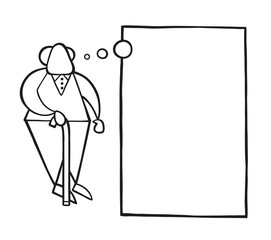 Vector cartoon old man standing with wooden walking stick and dreaming or thinking with blank thought bubble