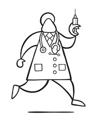 Vector cartoon doctor man with stethoscope and running, holding syringe ready for injection