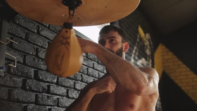 Man hitting speed bag in gym. Modern boxer punching bag in gym. Sportsman training hard in slow motion. Kickboxer training with speed bag. Man boxer training hard for fight