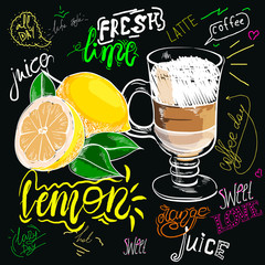 Fototapety  chalk drawn coffee with lemon. Label poster stickers food fruits vegetable chalk sketch style, food and spices. Lemon citrus. Bio eco vegetarian raw farm fresh organic. Hand drawn vector illustration.