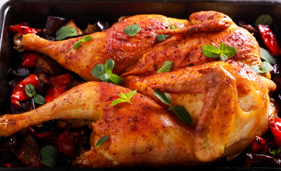 Roast chicken with vegetables and mint