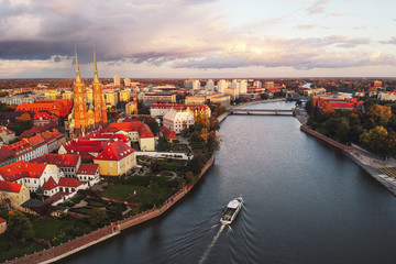Old town cityscape panorama and Cathedral Island, Wroclaw, Poland