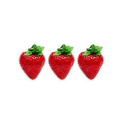 Strawberry Top view Three large ripe strawberries are lying in a row on a white background Photo template with copy space