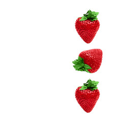 Strawberry Top view Three large ripe strawberries are lying in a row on a white background Photo template with copy space
