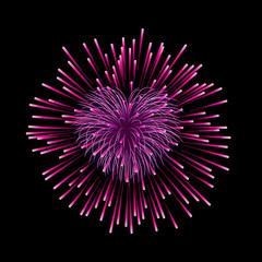 Beautiful heart-firework. Pink romantic firework, isolated on black background. Light love decoration salute for Valentine Day celebration. Symbol of holiday, wedding. Vector illustration