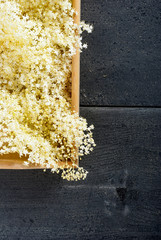 elder flower juice ingredients on wooden tray, black wood table background