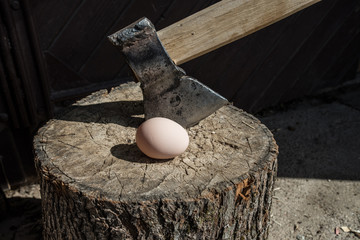 The old axe in the chopping block and egg