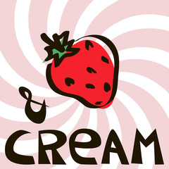 Strawberry on striped spiral pink background with text, vector for t-shirt, print, card	
