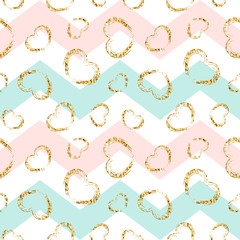 Gold heart seamless pattern. Pink-blue-white geometric zig zag, golden grunge confetti-hearts. Symbol love, Valentine day holiday. Design wallpaper, background, fabric texture. Vector illustration