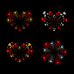 Beautiful heart-fireworks set. Bright romantic salute isolated on black background. Love decoration flat firework. Symbol of Valentine Day celebration, holiday, wedding. Vector illustration