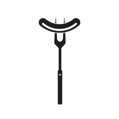 Sausage on barbecue fork. Grilled sausage. Vector illustration flat design. Black simple silhouette. Symbol Template Logo. Isolated on white background.