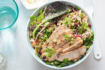 Asian slaw with mixed leaves salad, pickled ginger, pomegranate and turkey with satay sauce 