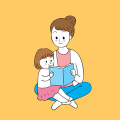 Cartoon cute mother and daughter reading book vector.