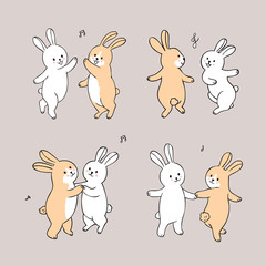 Cartoon cute rabbits dancing vector.