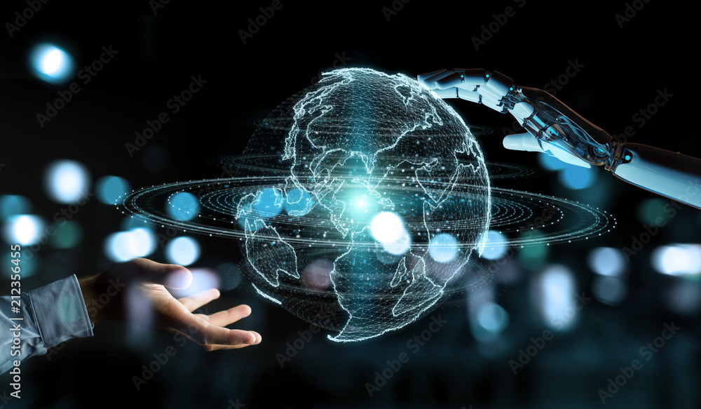 Poster white robot hand using globe network hologram with america usa map 3d rendering